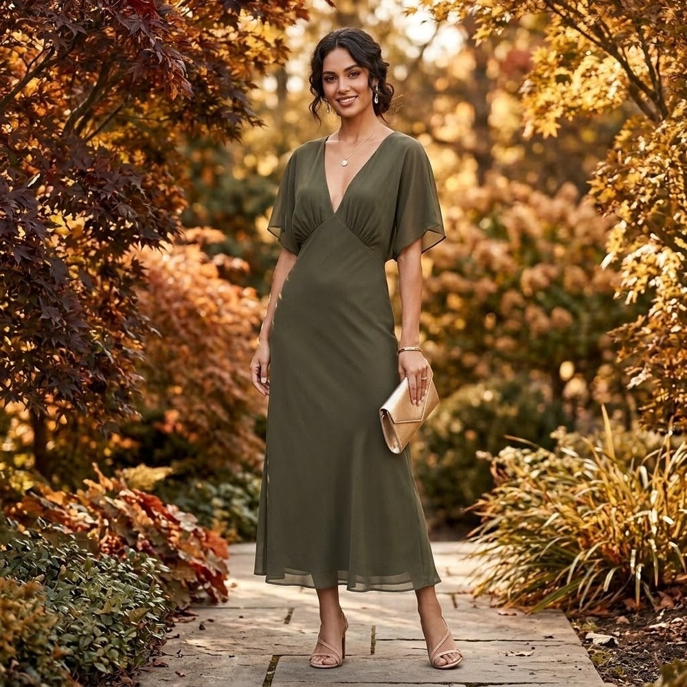 NWT Aritzia Wilfred Terrace Maxi Dress Chiffon Bias L Olive Fall Wedding Guest